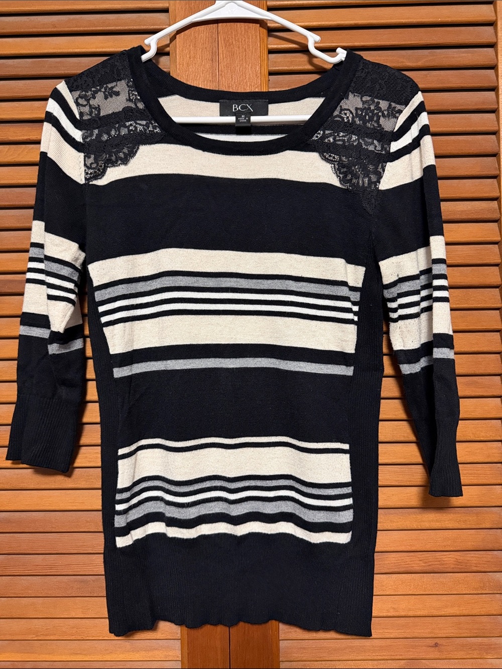 BCX Black and White Striped Lace-Yoke Scoop Neck Sweater